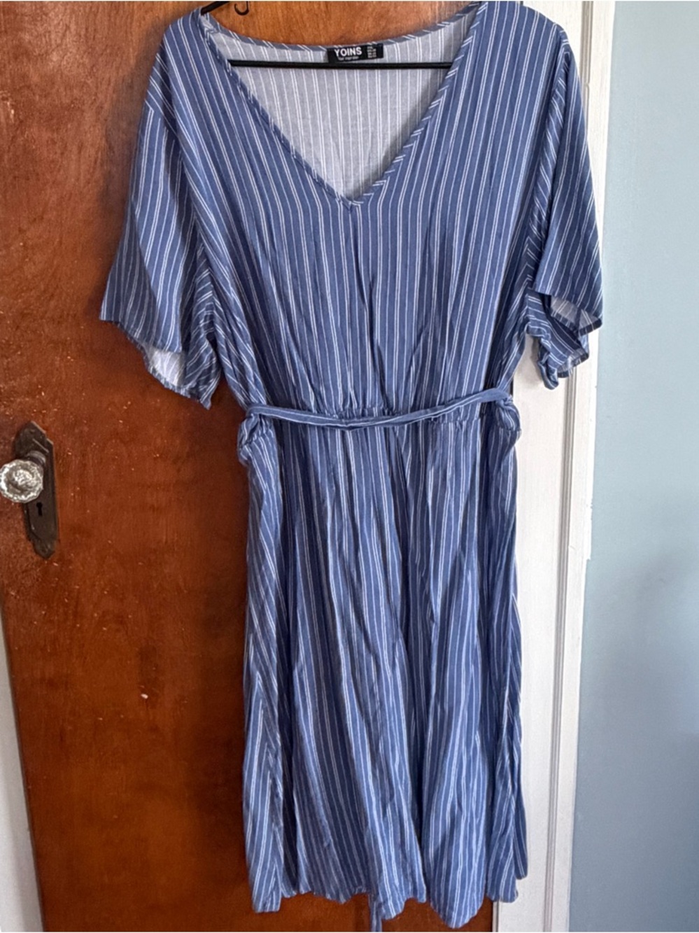 YOINS Blue & White Vertical Stripe V-Neck Midi Dress